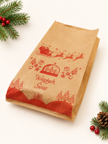 Torebka papierowa świąteczna na prezenty, kalendarz adwentowy 150x290 brązowa nadruk "Merry Christmas" 35g  100 szt 