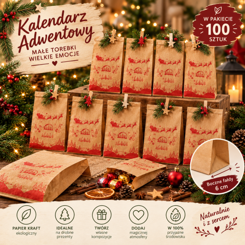 Torebka papierowa świąteczna na prezenty, kalendarz adwentowy 150x290 brązowa nadruk "Merry Christmas" 35g  100 szt 