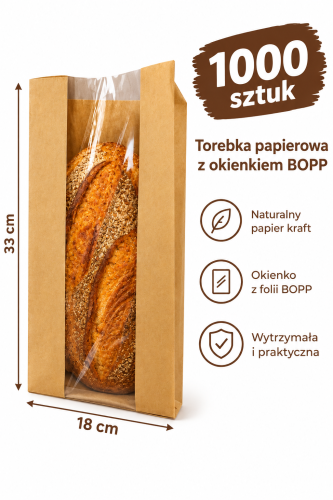 Torebka fałdowa na chleb 180x330 brązowa okienko bez nadruku 35g 1000 szt