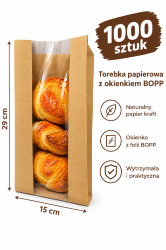Torebka papierowa z okienkiem 150x290 brązowa bez nadruku 35g 1000 szt