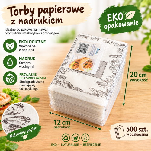 Torebka śniadaniowa mała 120x200 biała nadruk "Smacznego" 33g 500 szt