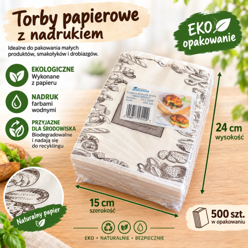 Torebka pączki, drożdżówki 150x240 biała nadruk "Smacznego" 33g 500 szt 