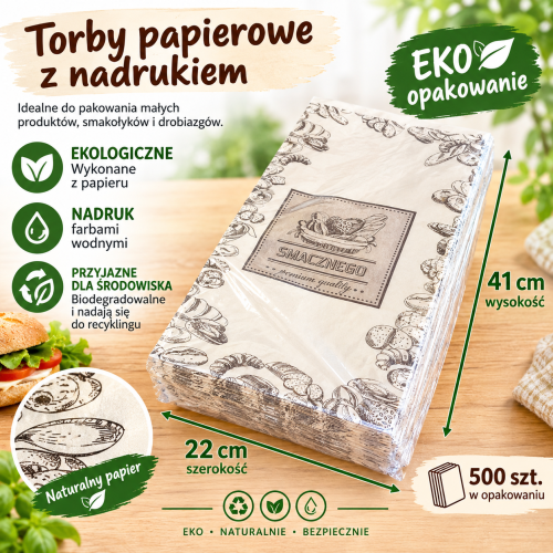 Torebka na duży chleb 220x410 biała nadruk "Smacznego" 33g  500 szt