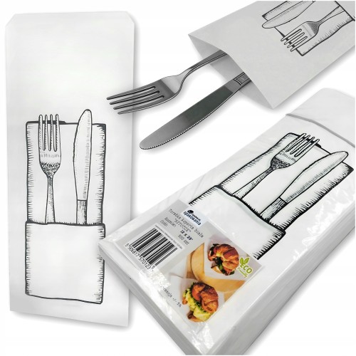 Torebka koperta 120x290 biała nadruk "Sztućce" 30g 500 szt